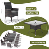RTDTD 15 Pieces Patio Dining Set Outdoor Rattan Furniture Dinning Set with 3 Square Glass Tabletops 12 Chairs with Grey Cushions for Patio, Backyard Outdoor Kitchen Lawn & Garden RTDTD
