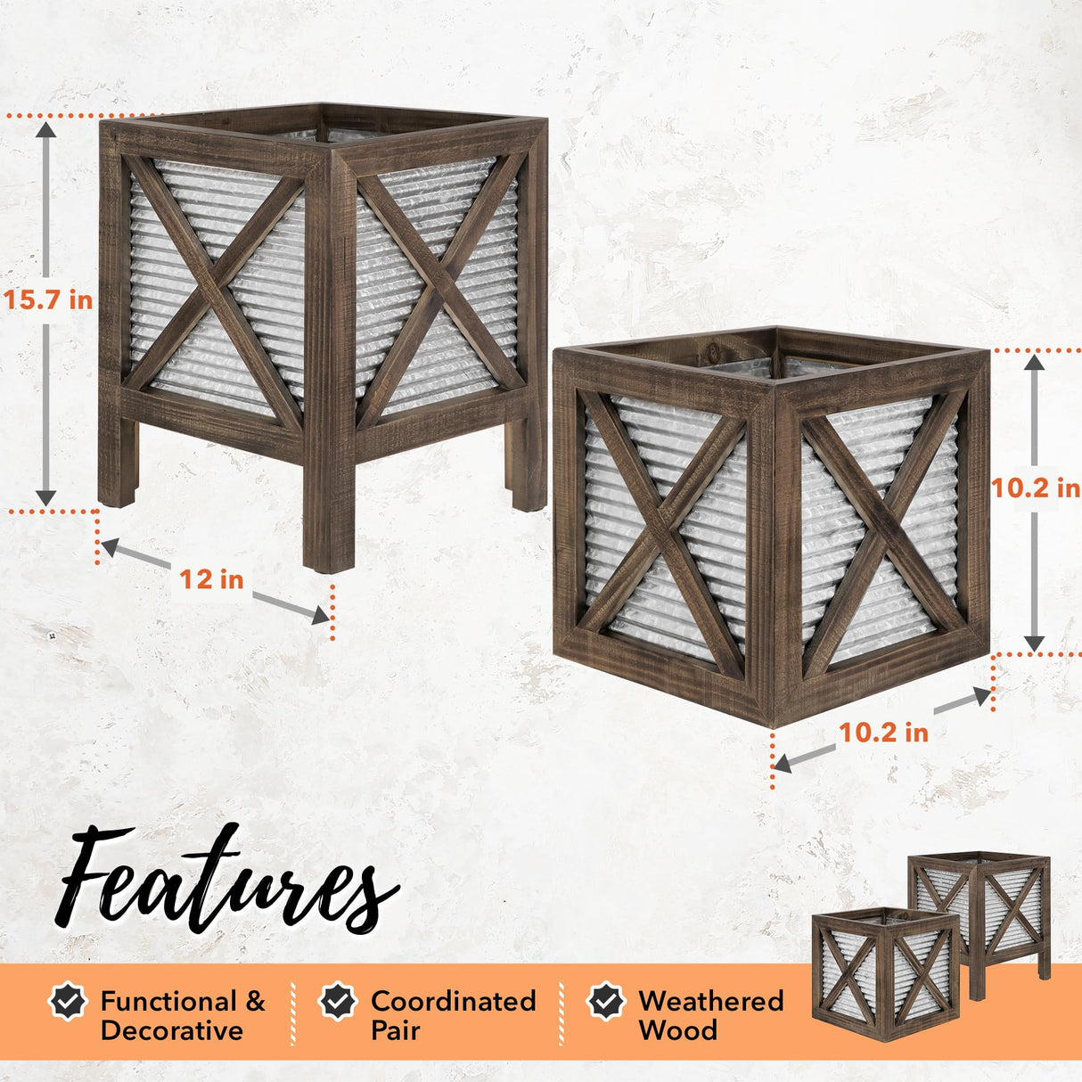 Autumn Alley Farmhouse Front Porch Planters Set of 2 Stand with Galvanized Corrugated Metal Planters for Outdoors/Indoors - Rustic Wood Square Planters Box on Legs – Charming Farmhouse Décor, Brown Autumn Alley