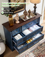 6 Drawers Dresser, Farmhouse Chest of Drawers with Charging Station, Refined Blue Finish Design, Modern Storage Dressers Organizer TV Stand for Bedroom, Living Room, Hallway, Indigo Blue LegacyAmerhome