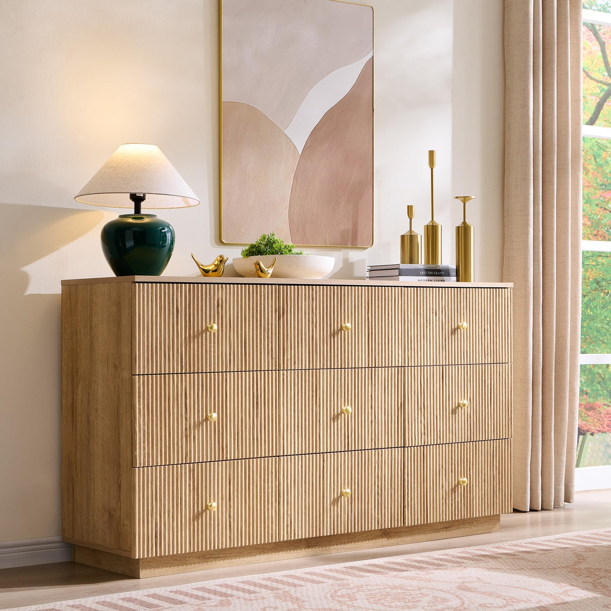 wow97e Fluted Dresser for Bedroom, 55" W 9 Drawer Dressers, Wood Tall Dresser Storage Organizer, Modern Bedroom Chest of Drawers with Deep Storage for Closet Hallway, Entryway, Living Room Natural wow97e