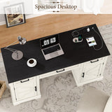 Vabches Executive Desk with Storage Drawers, Farmhouse Office Desk with Charging Station Wood Computer Desk with Ample Storage Cabinet, Rustic Home Wrting Desk with Drawers for Office, White Vabches