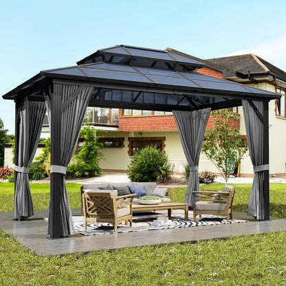 GAOMON 10x13ft Gazebo, Hardtop Double Roof Canopy with Netting and Curtains, Outdoor Gazebo Polycarbonate Aluminum Frame Garden Tent for Patio, Backyard, Deck, Lawns (Gray)