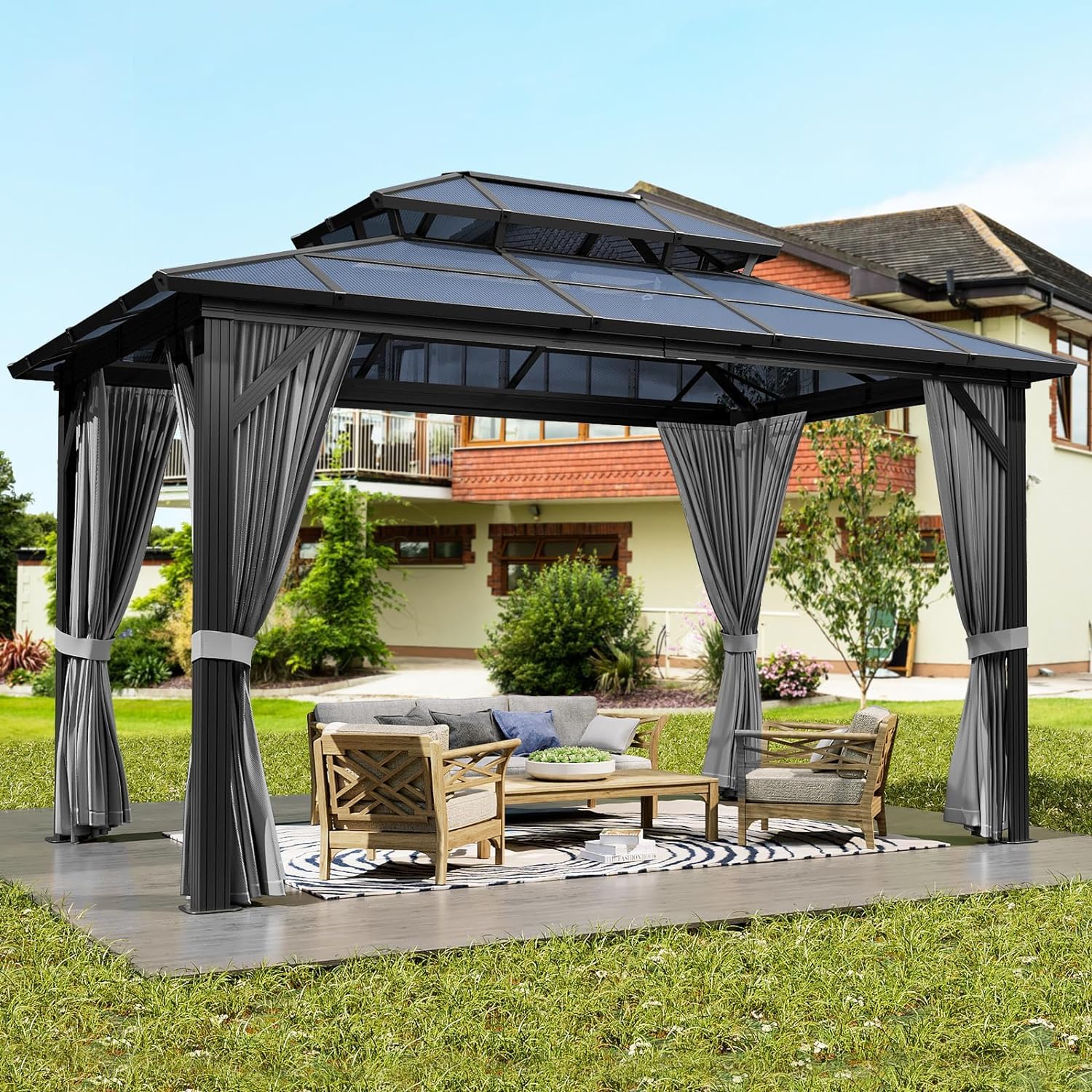 Petyee 10'x13' Gazebo, Hardtop Outdoor Polycarbonate Double Roof Canopy, Aluminum Frame Permanent Pavilion with Curtains and Netting, Sunshade for Garden, Patio, Lawns (Gray) - WoodArtSupply