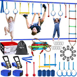 NINJA LINE 2x56FT Ninja Warrior Obstacle Course for Kids, Ninja Slackline with 11 Accessories, Slackline Kit with Pulley, Rope Ladder, Monkey Bar,Arm Trainer, Climbing Rope ninja line