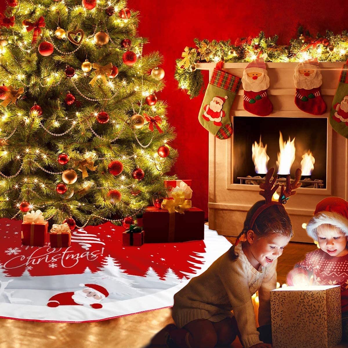 Christmas Tree Skirt Red Xmas Tree Ornaments for White Soft Plush Christmas Tree Mat with Snowy Pattern for Decorations Holiday Party 48 inches AGAXOZW