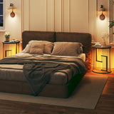 Side Table, Round End Table for Living Room, Bedroom, Black LED Nightstand Set of 2 with Twine Rope Design, Mid Century Modern Wood Accent Coffee Table, Antique Nightstand HUAHUU