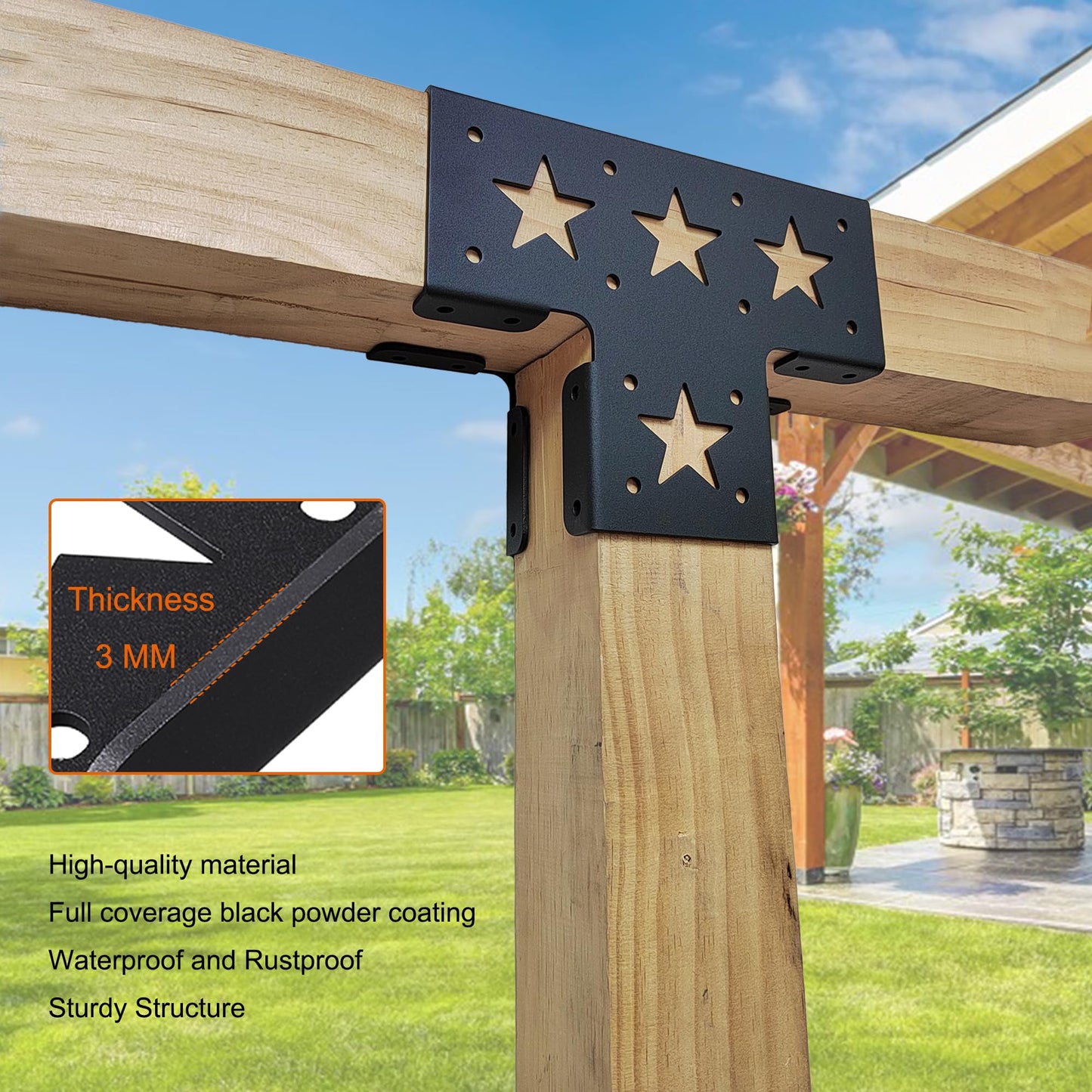 Wpbhk 4Pcs Heavy Duty Pergola Corner Brackets Extension 3-Way T Brackets for 4 x 4 Actual 3.5x3.5 Inch Post Bracket Pergola Gazebo Kit