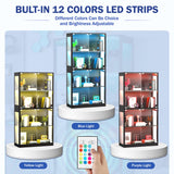 Grepatio Glass Display Cabinet, 4-Tier Display Cases for Collectibles, Curio Cabinet with 12 Color Lights, Display Shelf Bookcase Kids Toy Cabinets for Collectible, Living Room, Playroom (Black) Grepatio