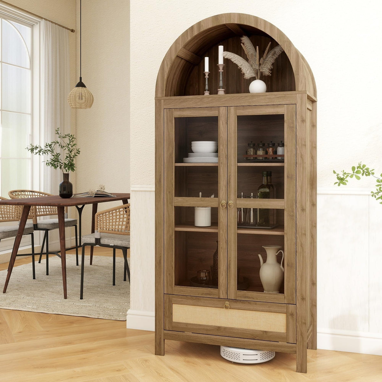 TYBOATLE 71" Tall Arched Pantry Cabinet with Innovative Drawer, Kitchen Cabinet with Anti-Tipping Device and Glass Door, Versatile Cupboard for Kitchen, Dining, Natrual TYBOATLE