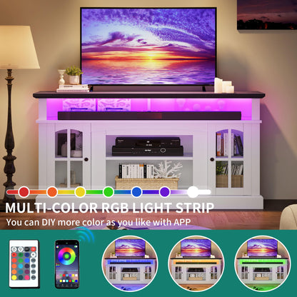 YITAHOME LED Farmhouse TV Stand for TV up to 65 Inch w/Outlets, Highboy Media Entertainment Center Console Table Adjustable Storage Shelves &Cabinet Glass Door for 400lbs for Living Room, White