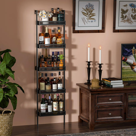 5-Tier Freestanding Wine Racks: 50 Bottles Wine Rack Shelf Wall Mounted with Fences, Wines Bottle Holder Display Shelf, Liquor Storage for Kitchen, Dining Room, Bar, Wood, 17.28''L x 7.95''W x 68.5''H Hencawima