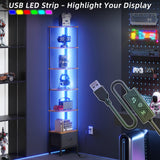 AFLUI 6-Tier Corner Bookshelf with Fabric Drawer and LED Light, 75" Bookcase for Small Space, Narrow Book Shelf for Corner, Display Shelf, Rustic Brown AFLUI