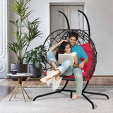 Double Hanging Egg Chair Indoor Outdoor with Stand, Patio Rattan Wicker Double Egg Swing Chair Hammock Chair with UV Resistant Thicken Comfy Cushions, Porch Swing Loveseat for Backyard, Red WIIS' IDEA