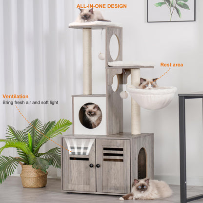 Heybly Cat tree, Wood Litter Box Enclosure with Food Station, All-in-one Indoor Cat Furniture with Large Platform and Condo, Modern Style Cat Tower, Hammock, Rustic Brown HCT103SG - WoodArtSupply