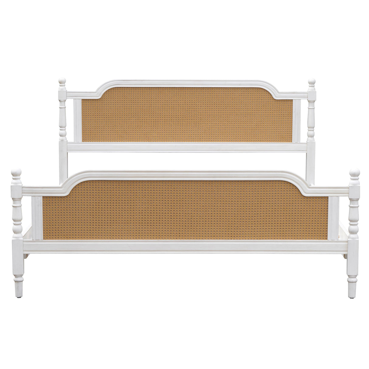 JOUUQZ Mid Century Style King Size Platform Bed with Rattan Headboard and Footboard,Solid Wood Foundation Bed Frame with Slat Wood Support,French Style,No Box Spring Needed (Antique White) JOUUQZ