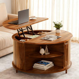 YKVIQBY Round Lift Top Coffee Table, 31.5" Fluted Wood Accent Coffee Table with 180° Curved Sliding Door, Hidden Storage, Mid Century Modern Center Table for Living Room Office Small Spaces, Walnut YKVIQBY