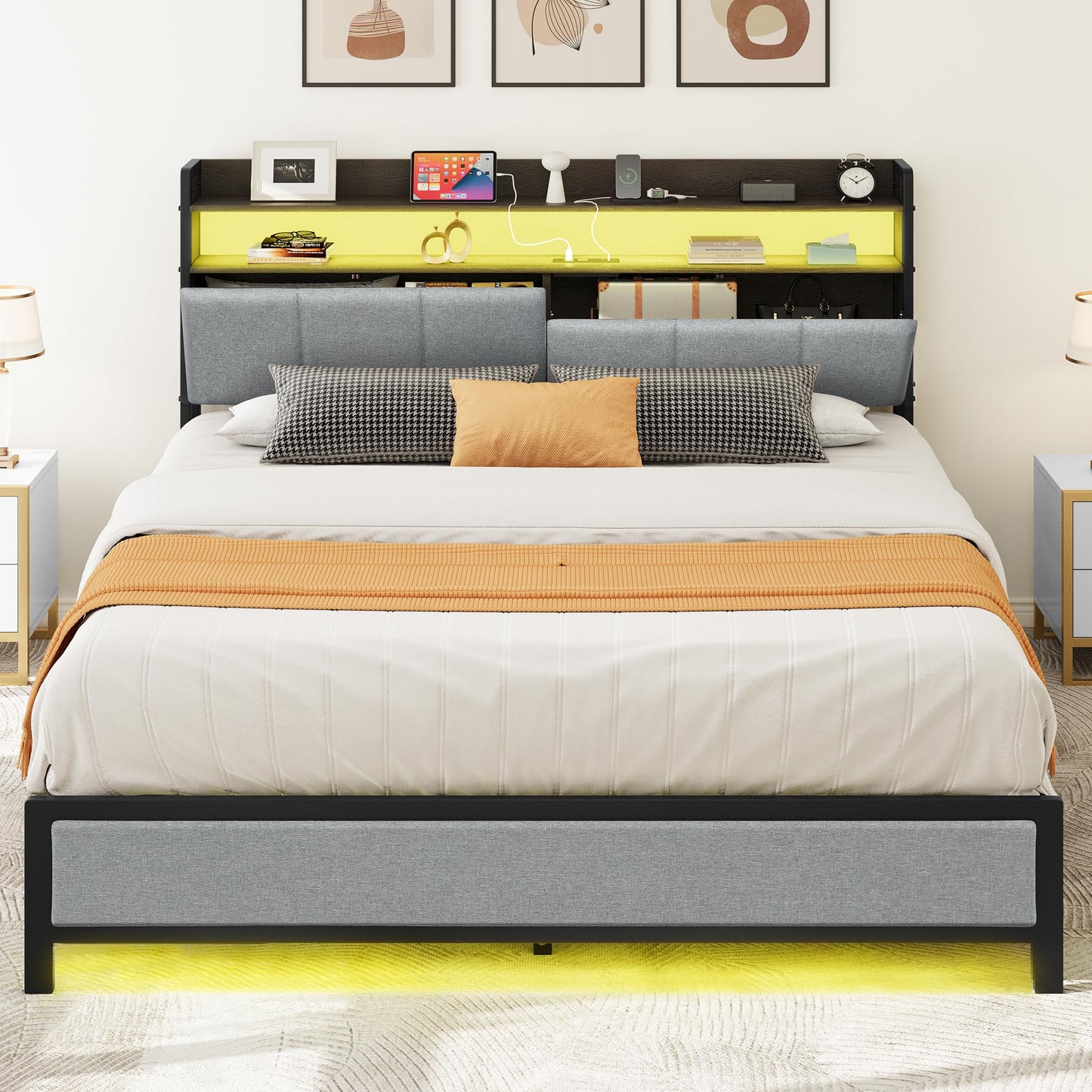 YITAHOME Queen Size LED Bed Frame with Storage Headboard and Charging Station, Upholstered Platform Design, Easy Assembly, Grey