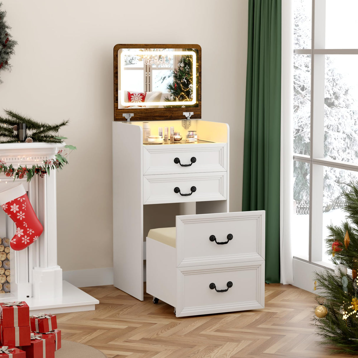 ChicFurnit Makeup Vanity,3-in-1 Vanity Desk with Flip-Top Mirror,Hidden Stool & Visible Glass Desktop,Convertible Vanity Set with USB Charging Station,Open Shelf & 3-Color Lighting,White&Brown ChicFurnit