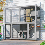 TIMHAKA Large Indoor Catio with Wheels, 4 Tier Cat Enclosures House for Outdoor Sunbathing, 66" Multi-Feature Wooden Kitty Cage for Patio with 4 Access Doors, Gray TIMHAKA