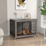 PRETZI Dog Crate Furniture with Cushion,38" Wooden Dog Crate nightstand with Double Doors, Grey Dog Kennel Indoor with Wheels, Decorative Pet Dog House for Small Medium Large Dog PRETZI