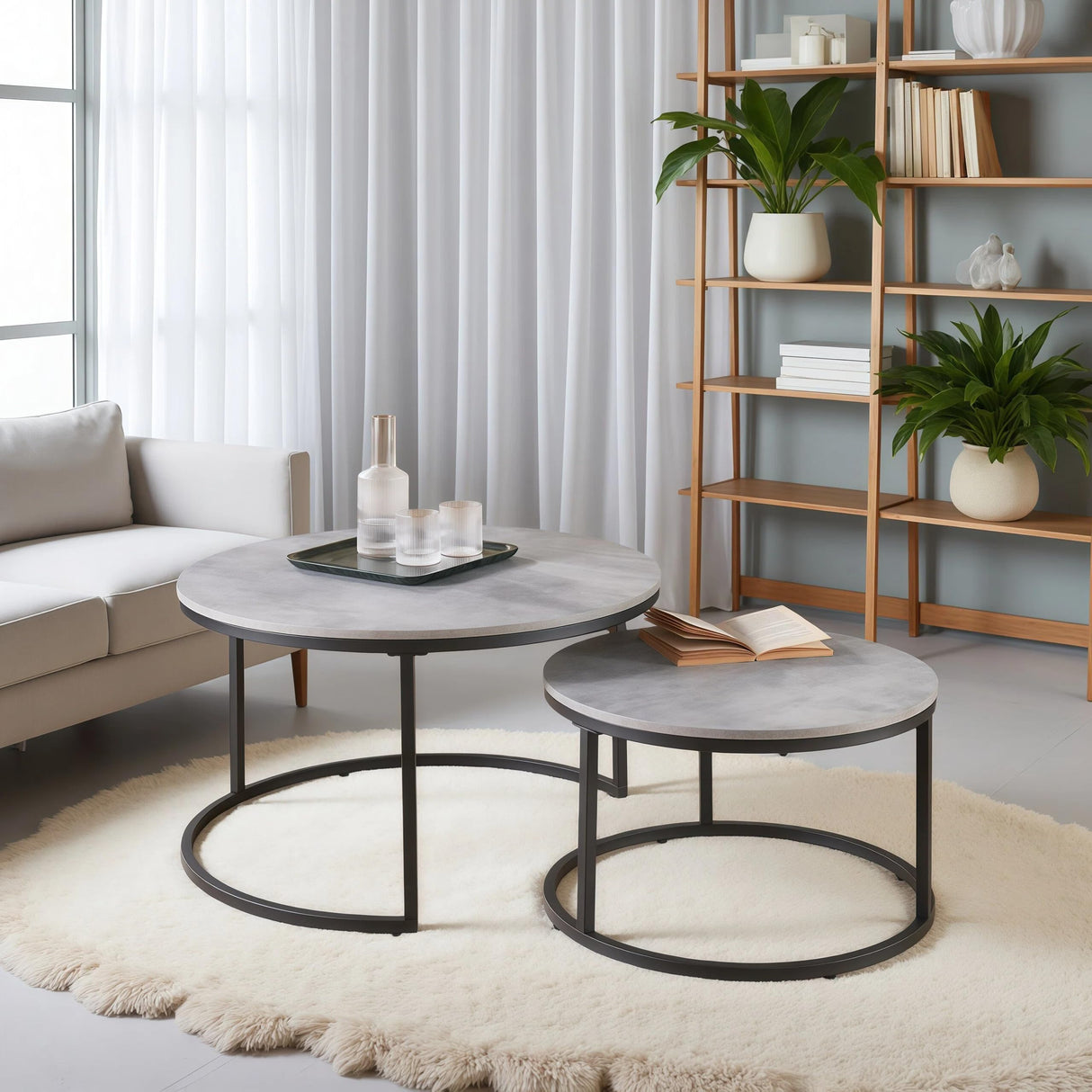 CENSI Round Nesting Coffee Table Set of 2, 31.5" Modern Industrial Center Tables for Living Room, Grey Marble Concrete Wood Finish with Black Metal Frame, Stacking Circle Accent Furniture CENSI