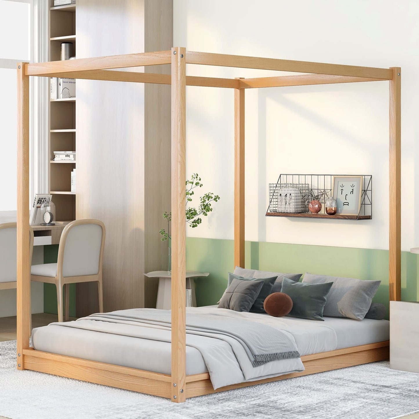 Modern Queen Size 4-Poster Canopy Bed Frame in Natural Wood Finish - WoodArtSupply