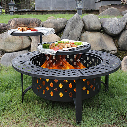 OutVue 36 Inch Fire Pit with 2 Grills, Wood Burning Fire Pits for Outside with Lid, Poker and Round Waterproof Cover, BBQ& Outdoor Firepit & Round Metal Table 3 in 1 for Patio, Picnic, Party - WoodArtSupply