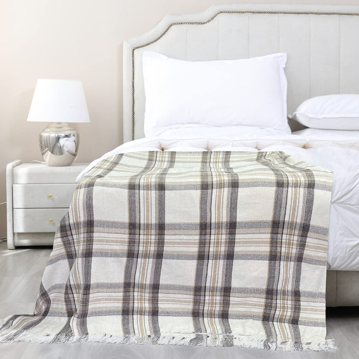 Taupe Grey and White Plaid Decor Tartan Blanket, Lightweight Soft Chenille Striped Knitted Rustic Farmhouse Throw with Tassels for Couch Sofa Chair Bed Office Home, 50" x 60" Snugtown