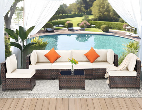 FHFO 7 Piece Outdoor Wicker Patio Furniture Set, Rattan Sectional Sofa Couch, Patio Conversation Set with Cushion & Coffee Table, for Backyard Poolside Porch Garden, Brown-Beige FHFO