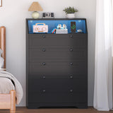 Wodeer Black Dresser Tall 5 Drawer Dresser for Bedroom, Wood Chest of Drawers with LED Lights, Charging Station, Metal Handles, Modern Storage Cabinet and Organizer Drawers for Living Room, Hallway Wodeer