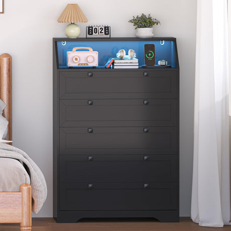 Wodeer Black Dresser Tall 5 Drawer Dresser for Bedroom, Wood Chest of Drawers with LED Lights, Charging Station, Metal Handles, Modern Storage Cabinet and Organizer Drawers for Living Room, Hallway Wodeer