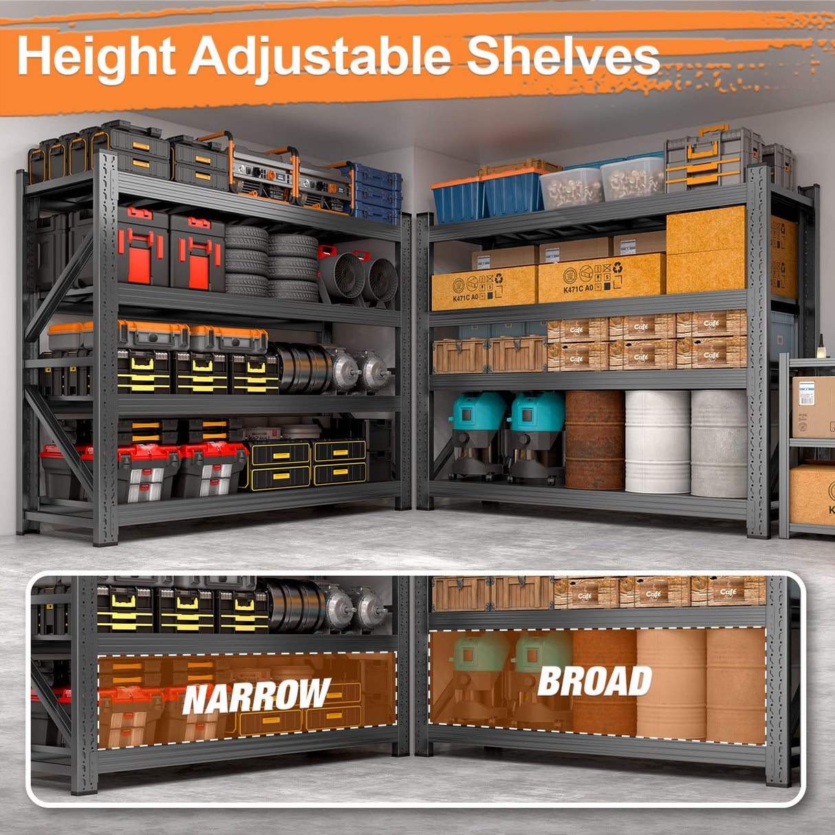 63" W Heavy Duty Garage Shelving, 6000LBS Garage Storage Shelves Industrial Shelving Unit, 5 Tier Adjustable Metal Shelving for Basement, Shop, Warehouse, 63" W x 24" D x 63" H Umeiga