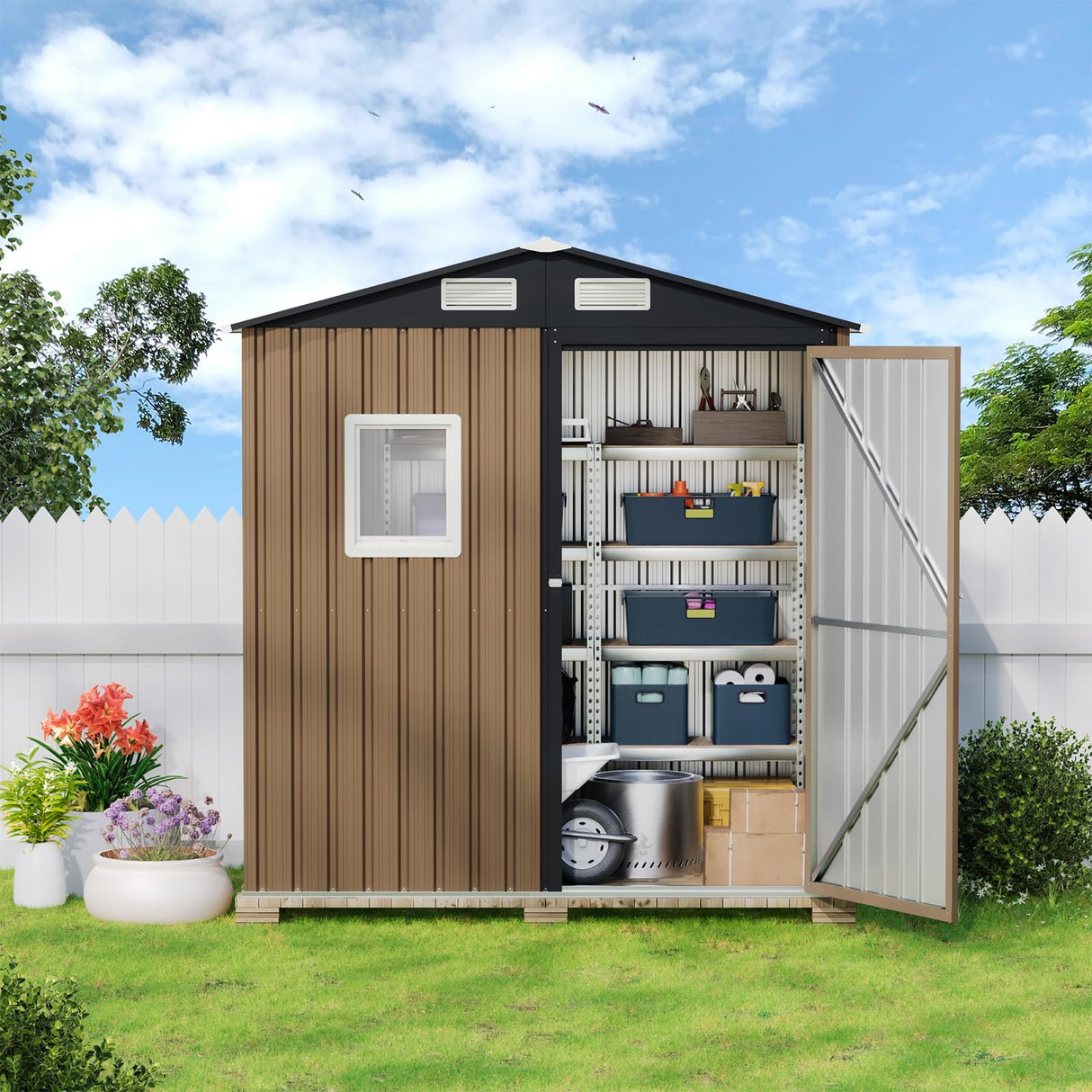 MistMo 6X4FT Outdoor Steel Storage Shed with Lockable Doors, One Window,Ideal for Garden, Backyard, Patio Storage,Brown Mistmo