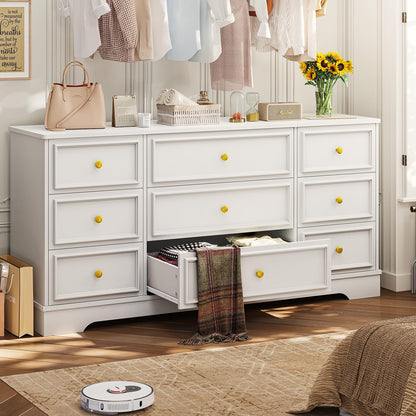 Hasuit Large Dresser with 9 Drawers for Bedroom, 61.4'' Long Modern Chest of Drawers, White Wide Dressers Clothes Closet, Wooden Bedroom Funiture Storage Organizer