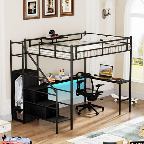 Full Size Loft Bed with L-shaped Desk, Metal LED Loft Bed Frame with Charging Cradle, Space-Saving Full Size Bed with One Cabinet Wardrobe and 2 Storage Drawers, Safety Rails and Ladder, Black FAROUCHE