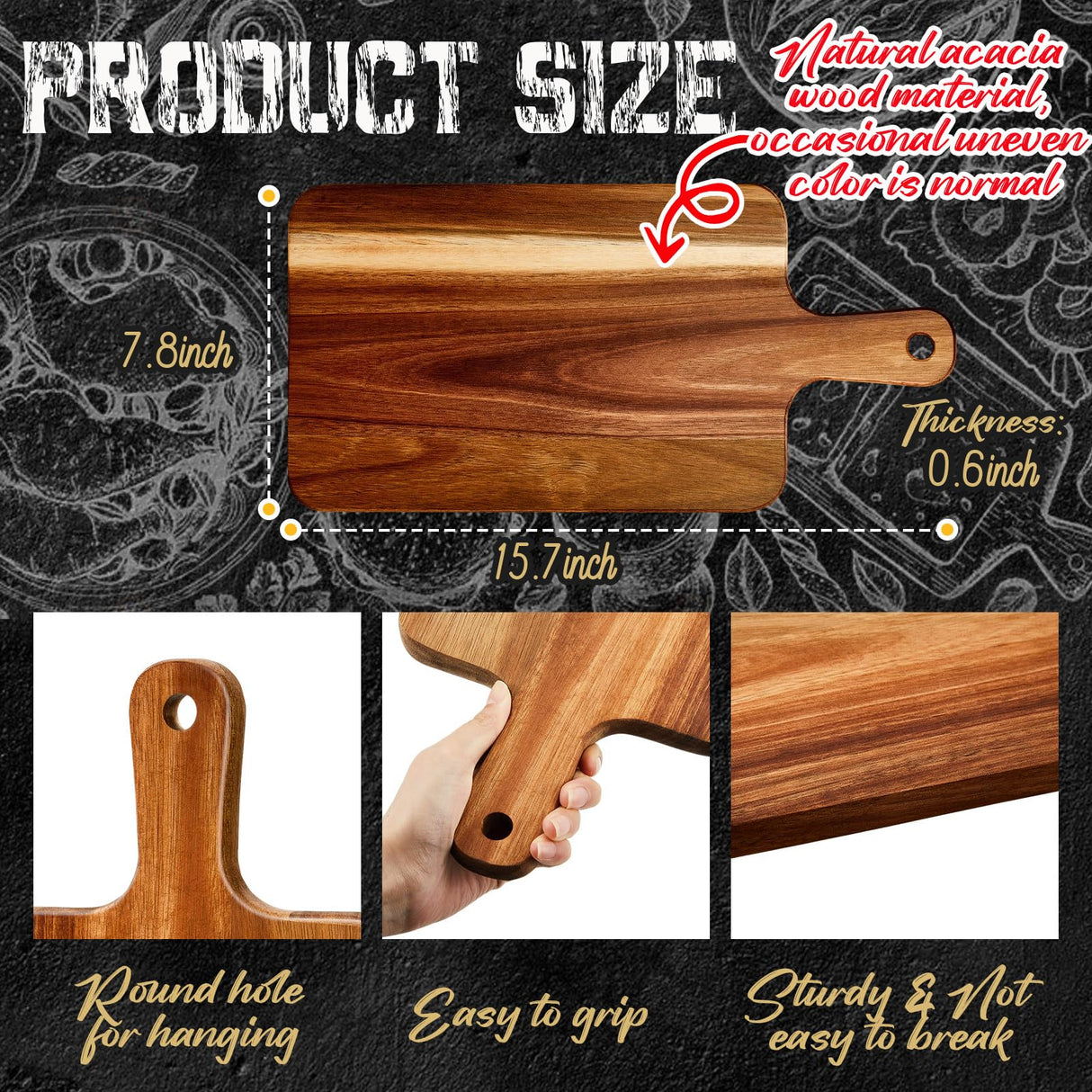 Nuenen 10 Pcs Wood Cutting Board with Handle 15.7 x 7.8 Inch Wooden Serving Board Kitchen Chopping Boards for Pizza, Bread, Cheese, Charcuterie, Nuenen