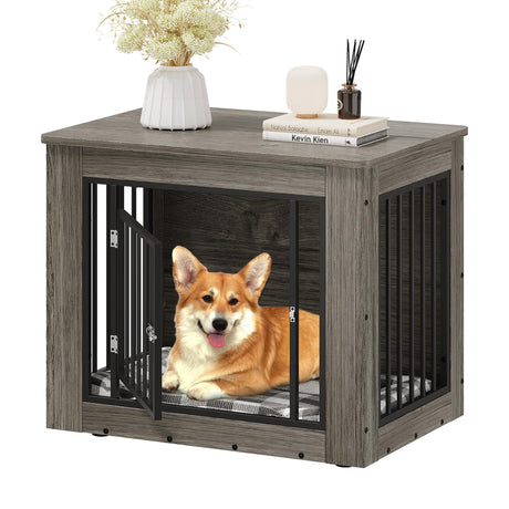 YITAHOME Dog Crate Furniture for Medium Dogs, Side End Table, Modern Dogs Kennel Indoor up to 35 lb, 2-in-1 Iron-Wood Fusion Dog Cage with Waterproof Top, Safety Corners,Steel Lock,30" L,Greige YITAHOME