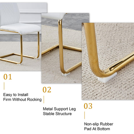 JEARGE Glass Dining Table Set for 6, Modern Kitchen Table Set for 6, 71" Tempered Glass Tabletop with U-Shaped Gold Base, 7 Ppiece Large Dining Room Table Set with White PU Leather Chairs JEARGE