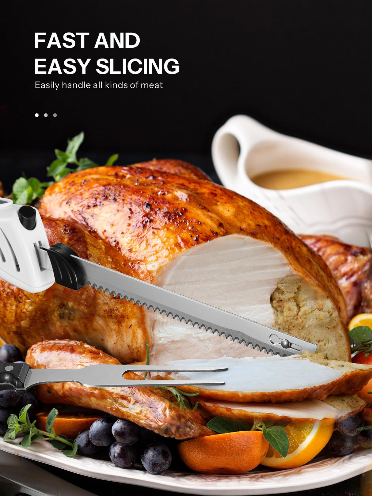 Reemix Electric Knife, Z3042 Electric Knife Set for Carving Meats, Poultry, Bread, Crafting Foam & More, 2 Blades for Meats & Bread, Fork Included (White) Reemix