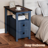 VVFLU Farmhouse End Table with Charging Station and 2 Storage Drawers, Blue Wood Nightstand Narrow, Skinny Side Table Rustic, Slim Bedside Table, Open Shelf, Small for Bedroom, Living Room, Sofa VVFLU