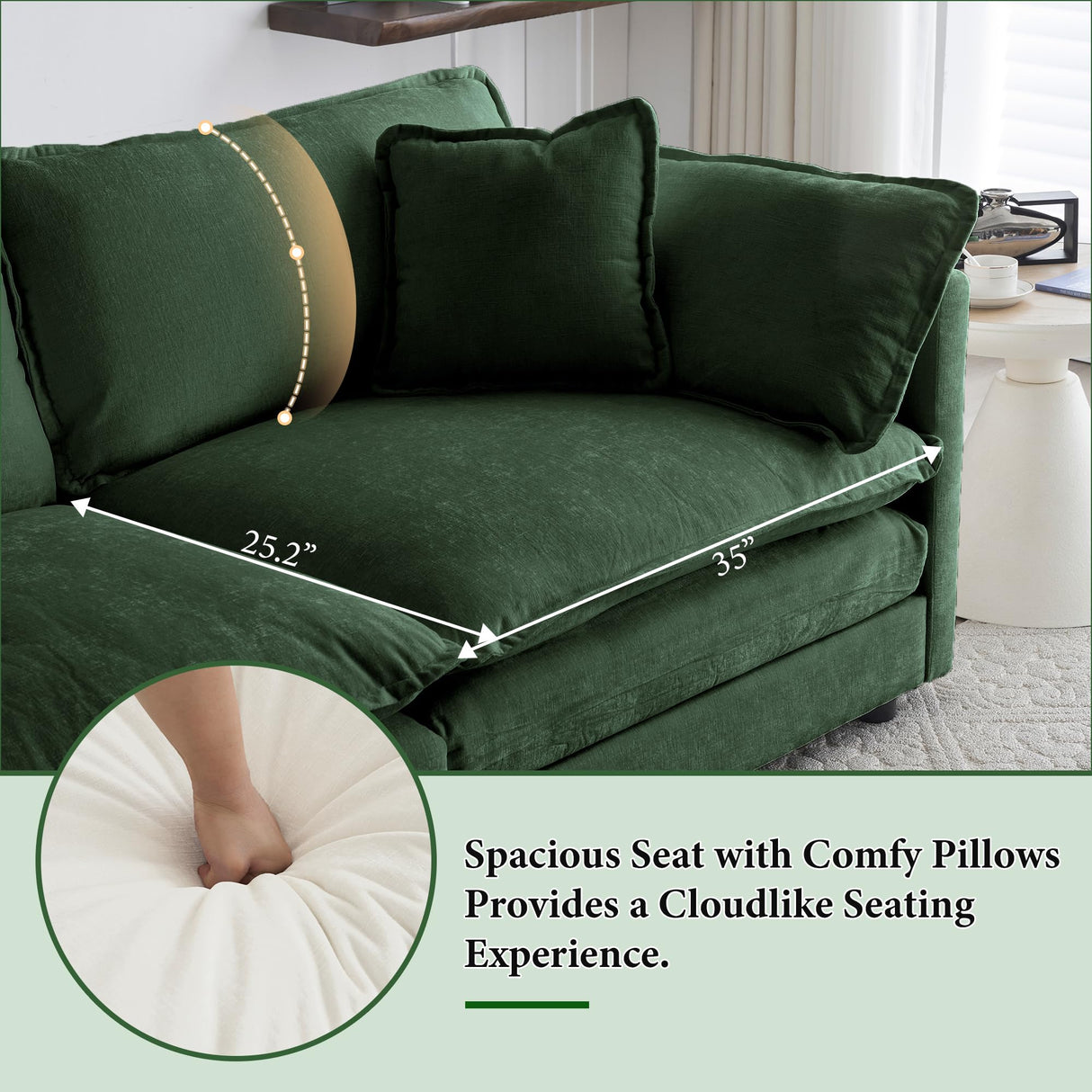 111.42" Deep Seat Sectional Cloud Sofa Sleeper with 3 Ottomans & Soft Pillows, 6 Seat Modular Couch Bed for Living Room, Apartment, Dark Green Chenille Tmsan