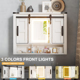 Mirror Medicine Cabinet Wall Mounted,Wall Cabinet with Lights, Bathroom Medicine Cabinet with Sliding Barn Door,Bathroom Vanity Cabinet with 2 Adjustable Shelf,3 Colors Touch LED Lights,White SDMY