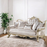 Acme Libertee Upholstered Sofa with 5 Pillows in Beige and Champagne Acme