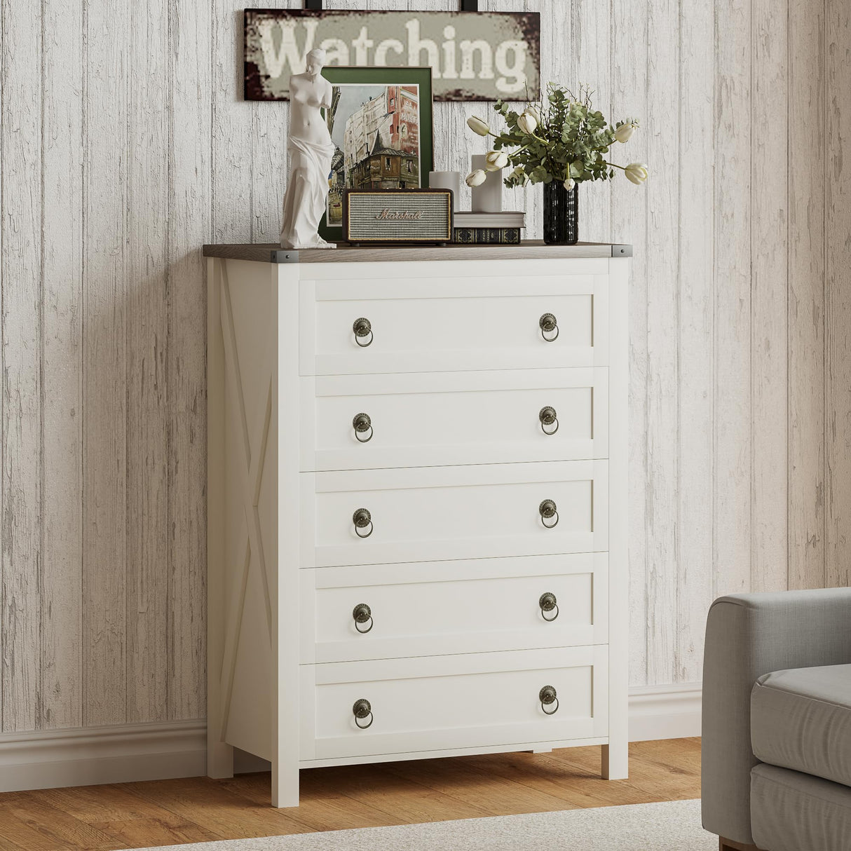 ChooChoo Farmhouse 5 Drawer Dresser, Tall Wood Dresser for Bedroom, Rustic Chest of Drawers, Storage Cabinet with Drawers for Living Room, Entryway, White ChooChoo