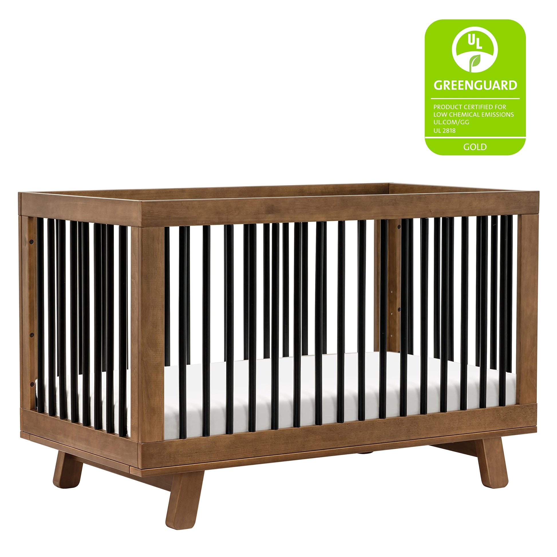 Babyletto Hudson 3-in-1 Convertible Crib with Toddler Bed Conversion Kit in Natural Walnut/Black, Greenguard Gold Certified - WoodArtSupply