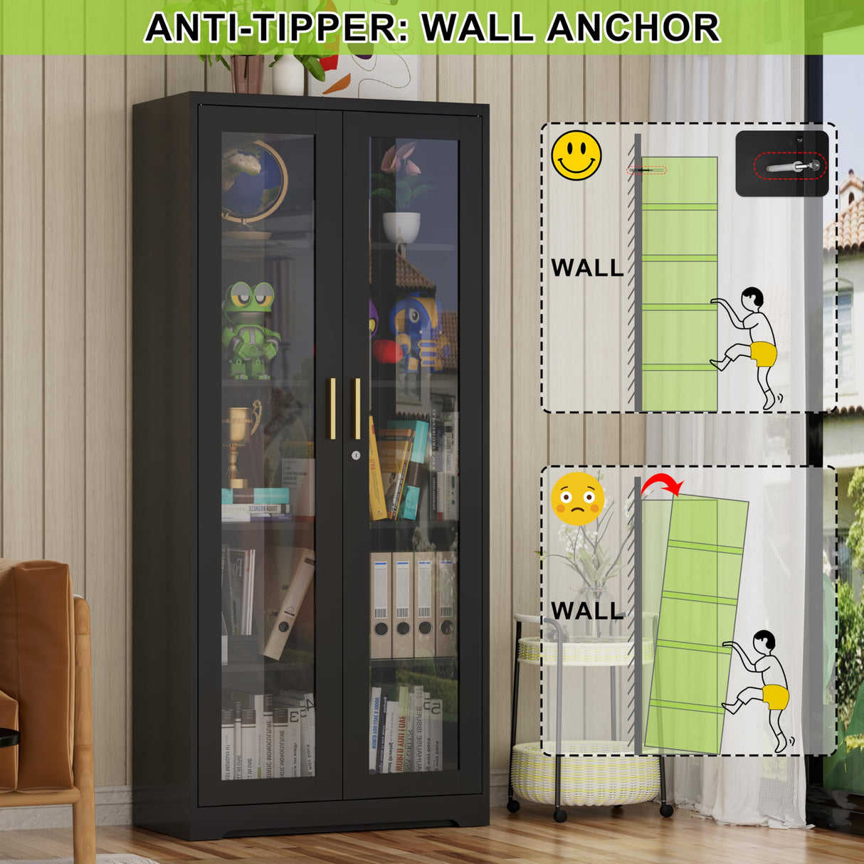 UNICOLY Storage Cabinet with Doors and Shelves, Display Cabinet with Glass Doors, Pantry Cabinet, Curio Cabinet with Locking Doors, Metal Storage Cabinet for Office,Kitchen,Living Room 71” H Black UNICOLY