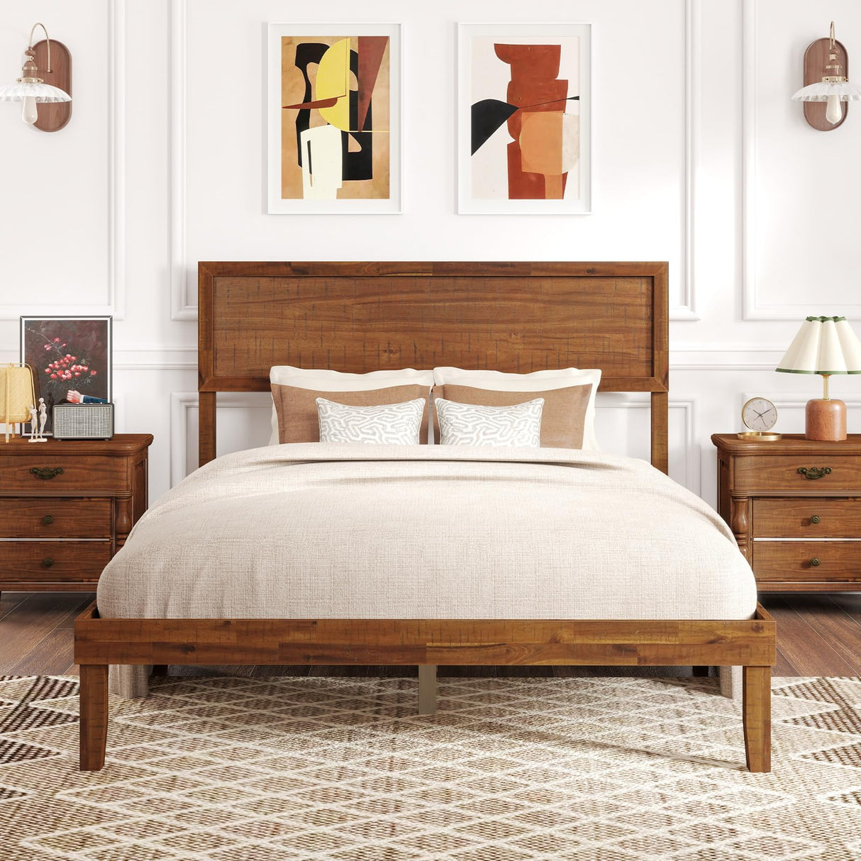 Giantex Wood Full Size Bed Frame with Headboard, Mid Century Modern Platform Bed Full with Solid Wood Legs & Wooden Slat Support, Easy Assembly, No Box Spring Needed, Walnut Giantex