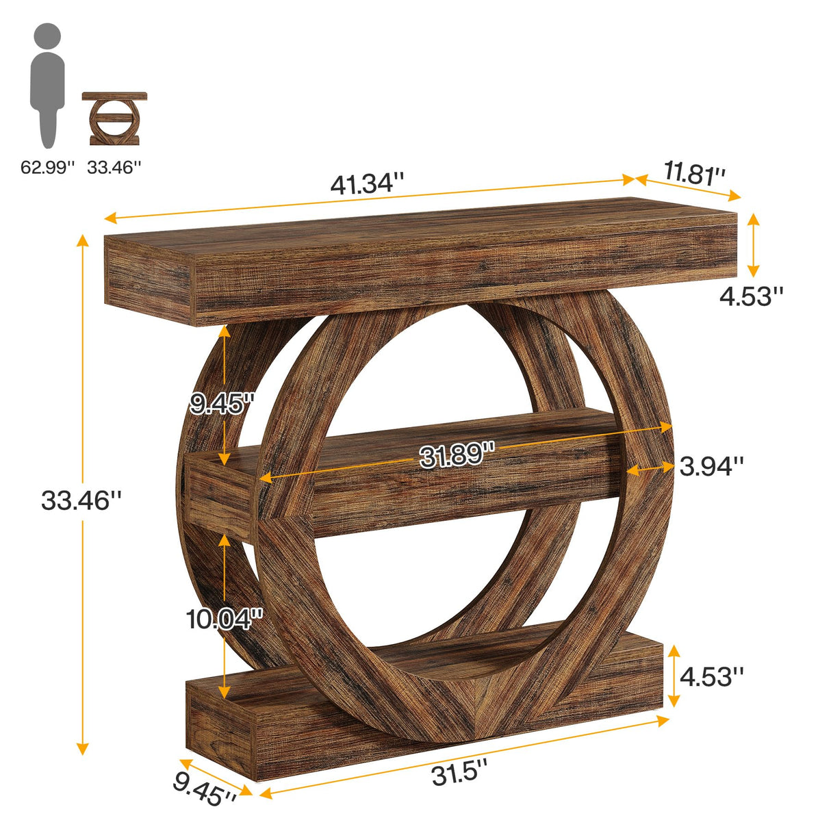 Tribesigns 41.3" Farmhouse Console Table, 3-Tier Sofa Table Behind Couch with Circle Base, Entryway Furniture with Storage Shelves for Living Room, Hallway, Foyer (Rustic Brown) Tribesigns