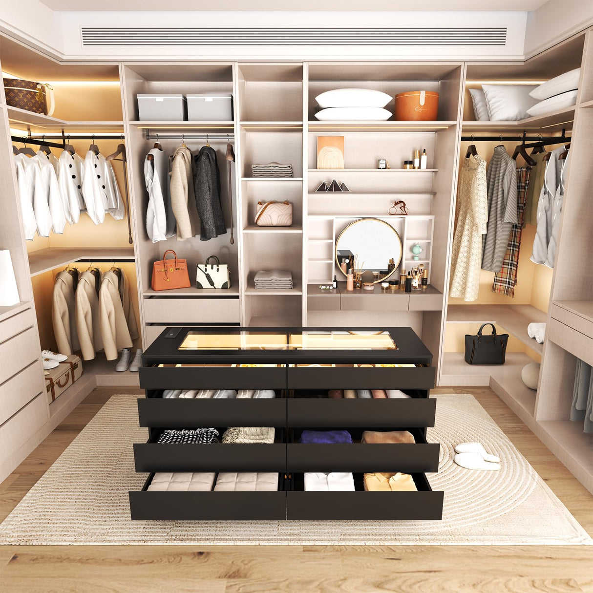 Gyfimoie 8 Drawer Dresser with Power Outlet, White Dresser for Bedroom Chest of Drawer with Glass Top & LED Light, Modern Double Wide Drawer Organizer Cabinet for Living Room (Black) Gyfimoie