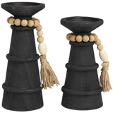 Deco 79 Wood Handmade Decorative Candle Holder Textured Matte Candle Stand with Beaded Garland Accent, Set of 2 Candlestick Holder 10", 8" H, Black Deco 79